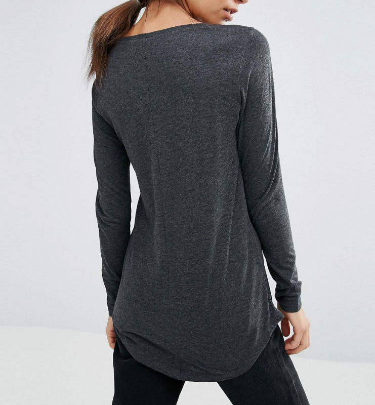 Cotton/Polyester Fashion Blank Women Long Sleeve Curve Hem T-Shirt