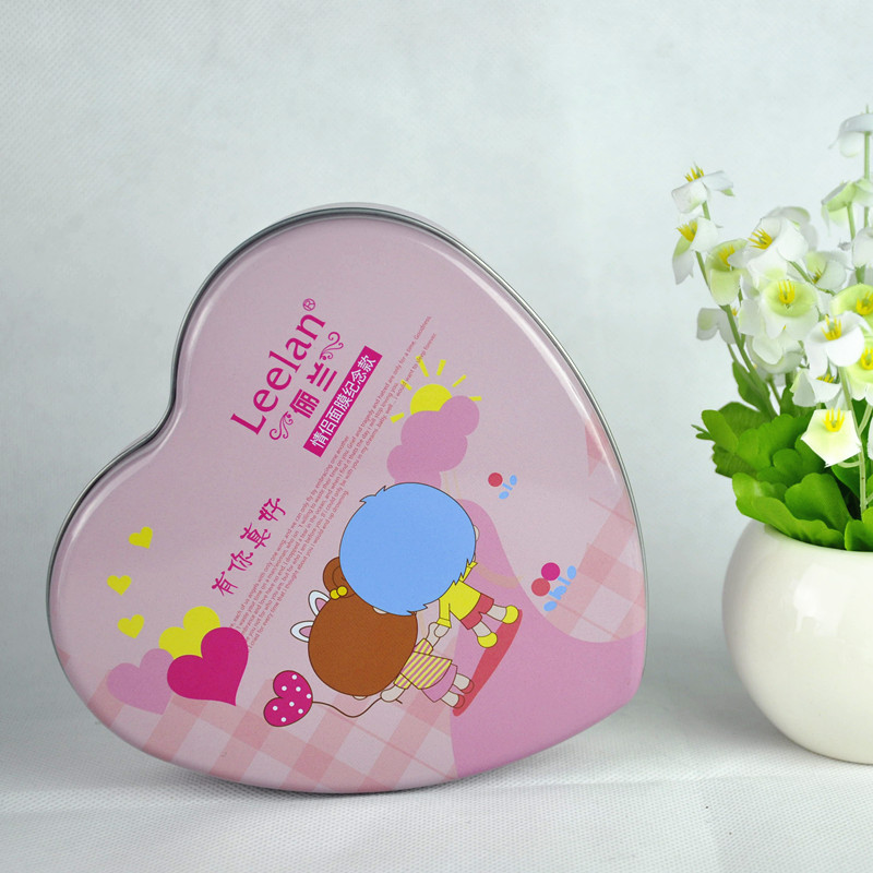 Custom Metal Tinplate Cmyk Printing Heart Shape Cosmetics Masks Packaging Tin Box