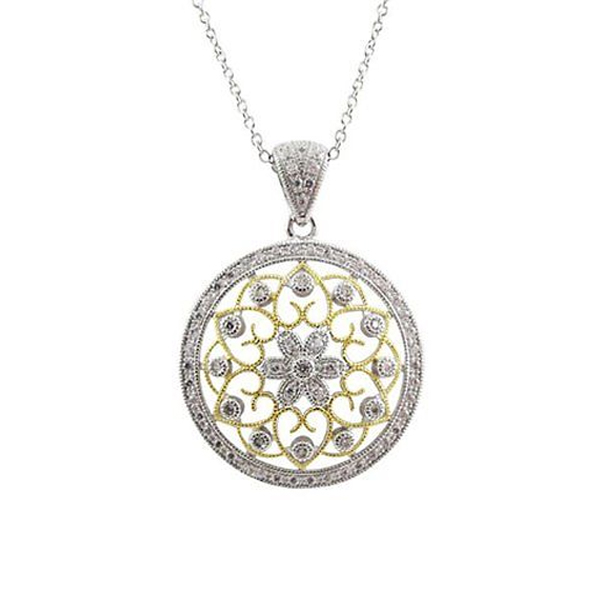 Two Tone Filigree Flower Celtic Circle CZ Pendant Silver Jewelry