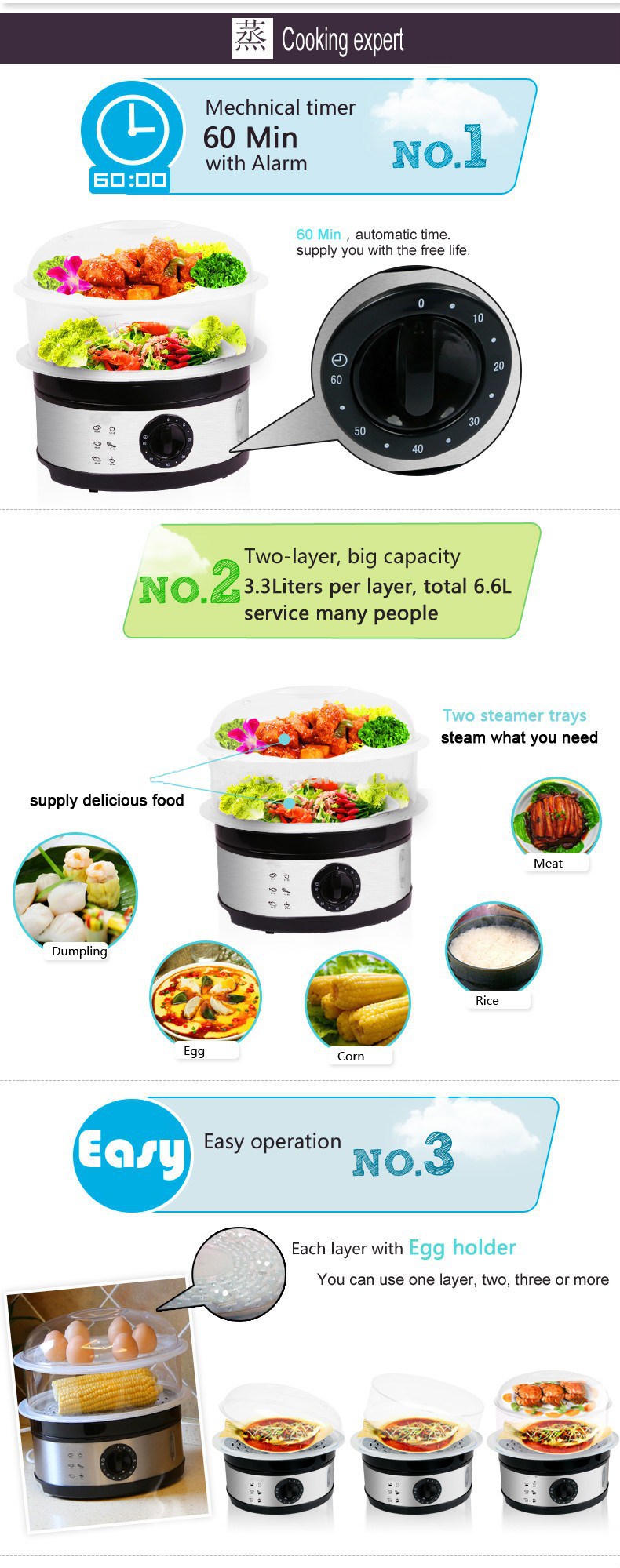 3 Layer Digital Electric Steam Cooker with Stainless Steel Housing