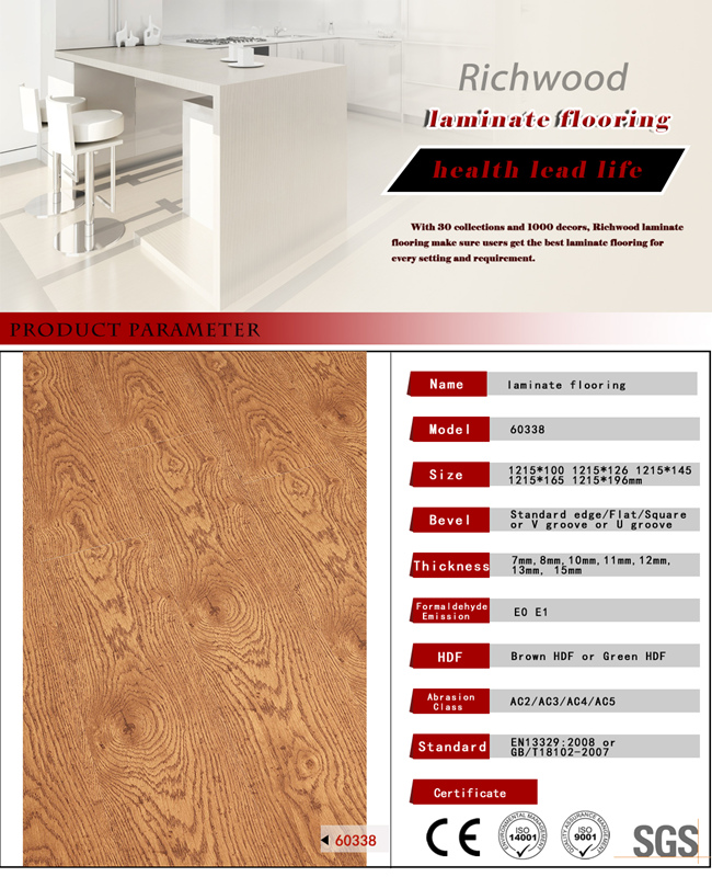 Household 12.3mm E0 Wholesale Vinyl Hickory Wood Wooden Laminate Floor