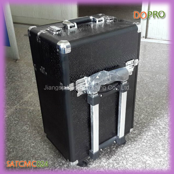 High End Black Aluminum Professional Makeup Case on Wheels (SATCMC024)