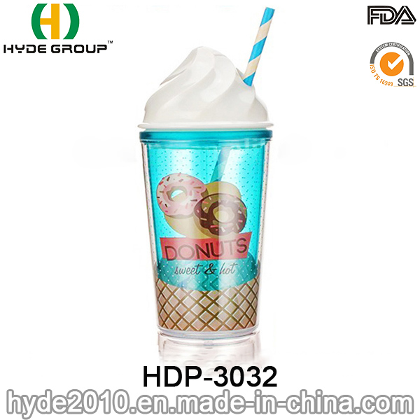 Wholesale BPA Free Ice Cream Mug, Double Wall Plastic Juice Tumbler with Straw (HDP-3032)