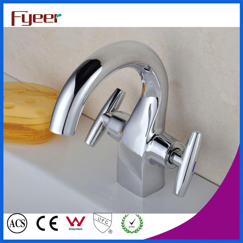 Fyeer Chrome Plated Crooked Long Spout Dual Handle Deck Mounted Basin Sink Faucet Water Mixer Tap Wasserhahn