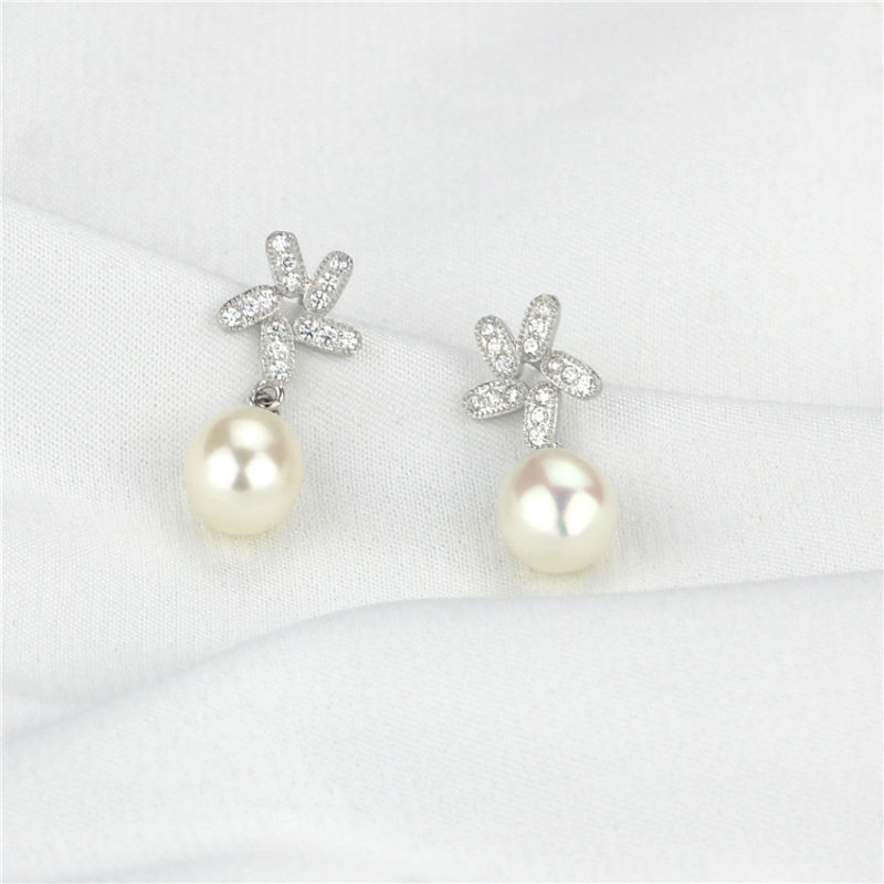 White Color Drop Shape 8-9mm AAA Pearl Earring Sterling Silver Freshwater White Pearl Earrings