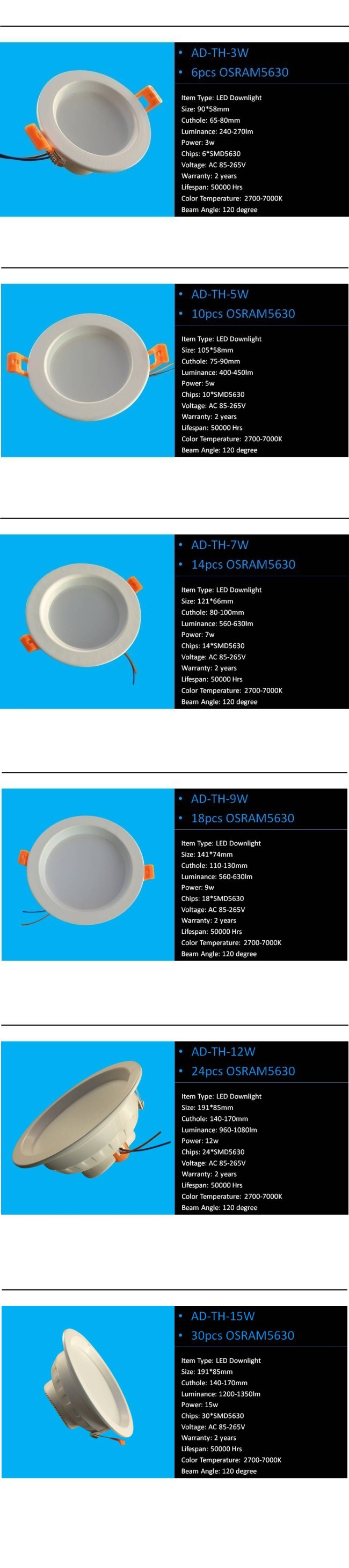 9W Dimmable SMD 5630 Philips Osram LED Downlight with 2years Warranty