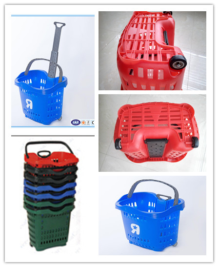 55L Rolling Plastic Shopping Basket with Telescopic Handles for Wholesale