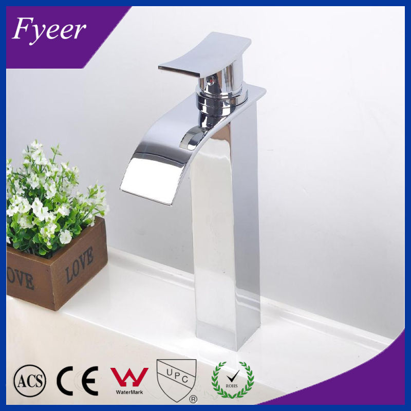 Fyeer Crooked Spout Square High Body Waterfall Wash Basin Faucet Simple Water Mixer Tap