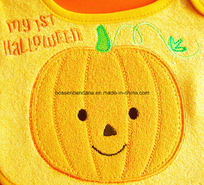 OEM Produce Customized Design Embroidered Pumpkin Halloween Festival Cotton Terry Baby Feeder Bibs