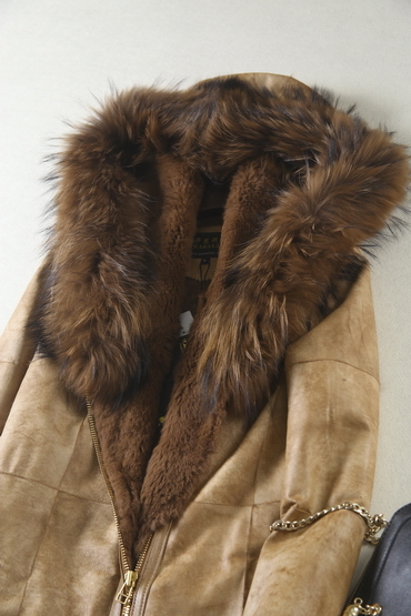 Real Rabbit Leather and Fur Coat with Raccoon Fur on Collar Women Long Style