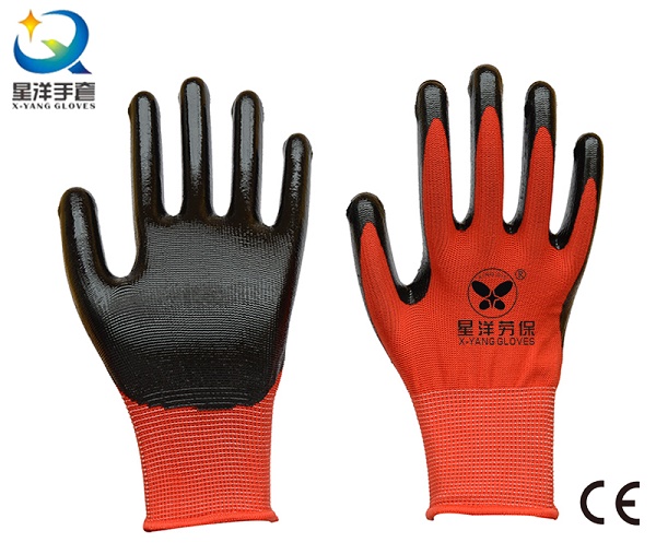13G Nitrile Red Polyester Shell, Black Nitrile Coated, Work Gloves (N7003)