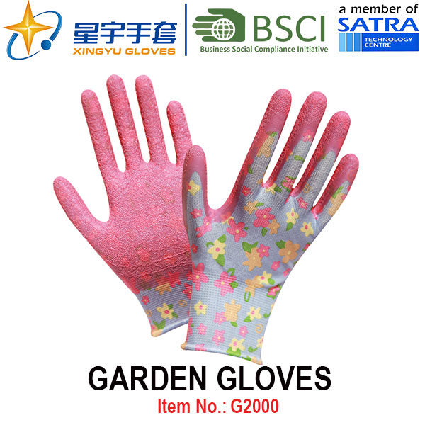 Garden Gloves, Printing Polyestershell Latex Coated Crinkle Finish Safety Work Gloves (G2000) with CE, En388, En420