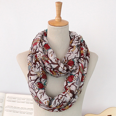 Women's Spring Summer Long Owl Printing Scarf Loop Snood (SW148)