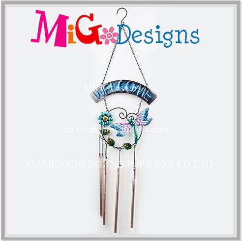 Metal Bright Color Hummingbird with Welcome Sign Wind Chime