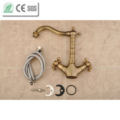 Dule Cross Handle Antique Brass Bathroom Basin Mixer Tap Faucet (QH1711A)