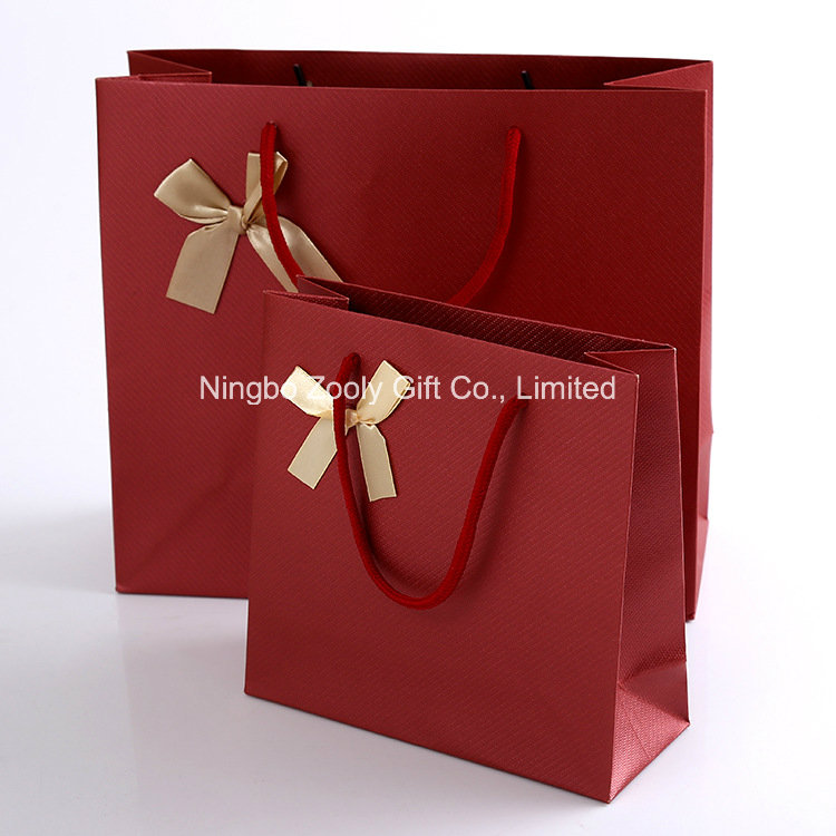 Quality Textured Art Paper Carrier Bags with Ribbon Bow / Red Color Wedding Paper Gift Bag