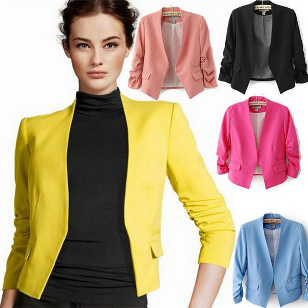 Candy Color Puff Sleeve Buttonless Suit Office Blazers Jacket Coat