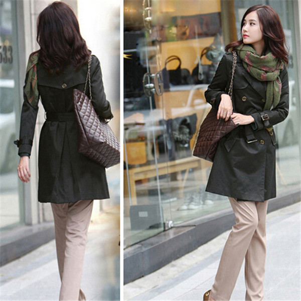 Korean Style Women Slimming Long Double Breasted Lapel Overcoat Trench Coat