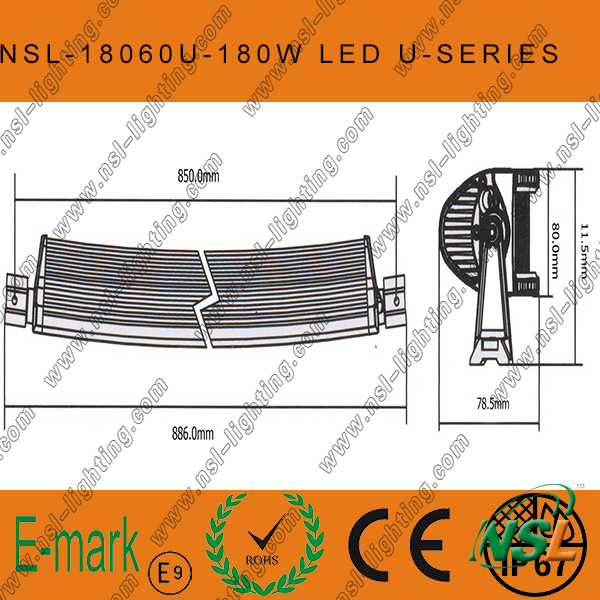 180W LED Curved CREE-U Series Light Bar, 60PCS*3W LED Waterproof Light Bar off Road Driving