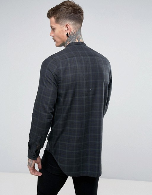 Tall Stretch Slim Check Shirt with Grandad Collar in Red