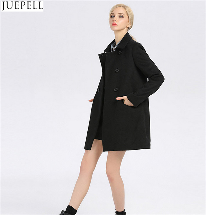 Fashion Ladies Collar Thin Wool Viscose Coat Women European Style Double Breasted Long Sleeve Black Coat