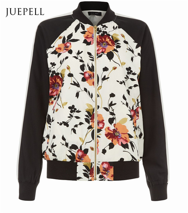 White Floral Print Contrast Sleeve Sport Women Bomber Jacket