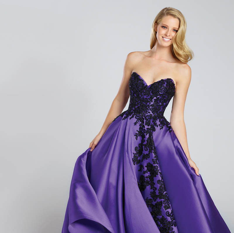 Strapless Mikado Full A-Line Gown Adorned with Asymmetrical Embroidered Applique Evening Dress with Side Pockets