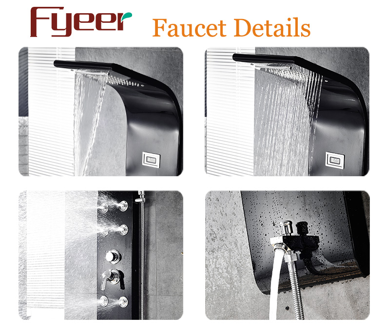 Fyeer Temperature Display Massage Rainfall Stainless Steel Black Shower Panel