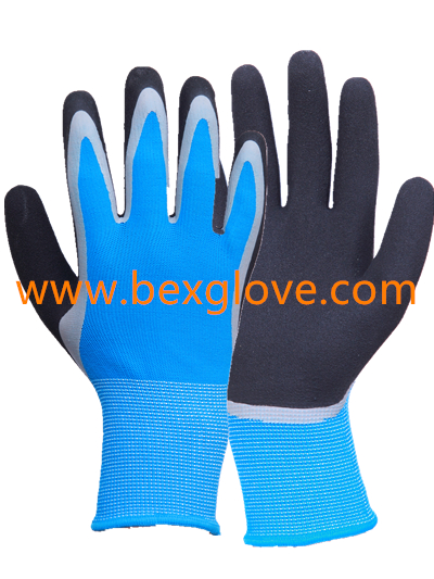 13 Gauge Nylon Liner, Latex Coating, Double Coated, Full Thumb Coating, Sandy Finish Glove