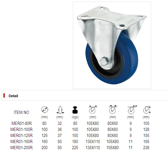 Middle Duty Series Caster - Rigid - Blue Elastic Rubber (roller bearing)