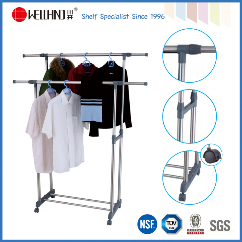 DIY Double-Rod Stainless Steel Garment Rack with Wheels