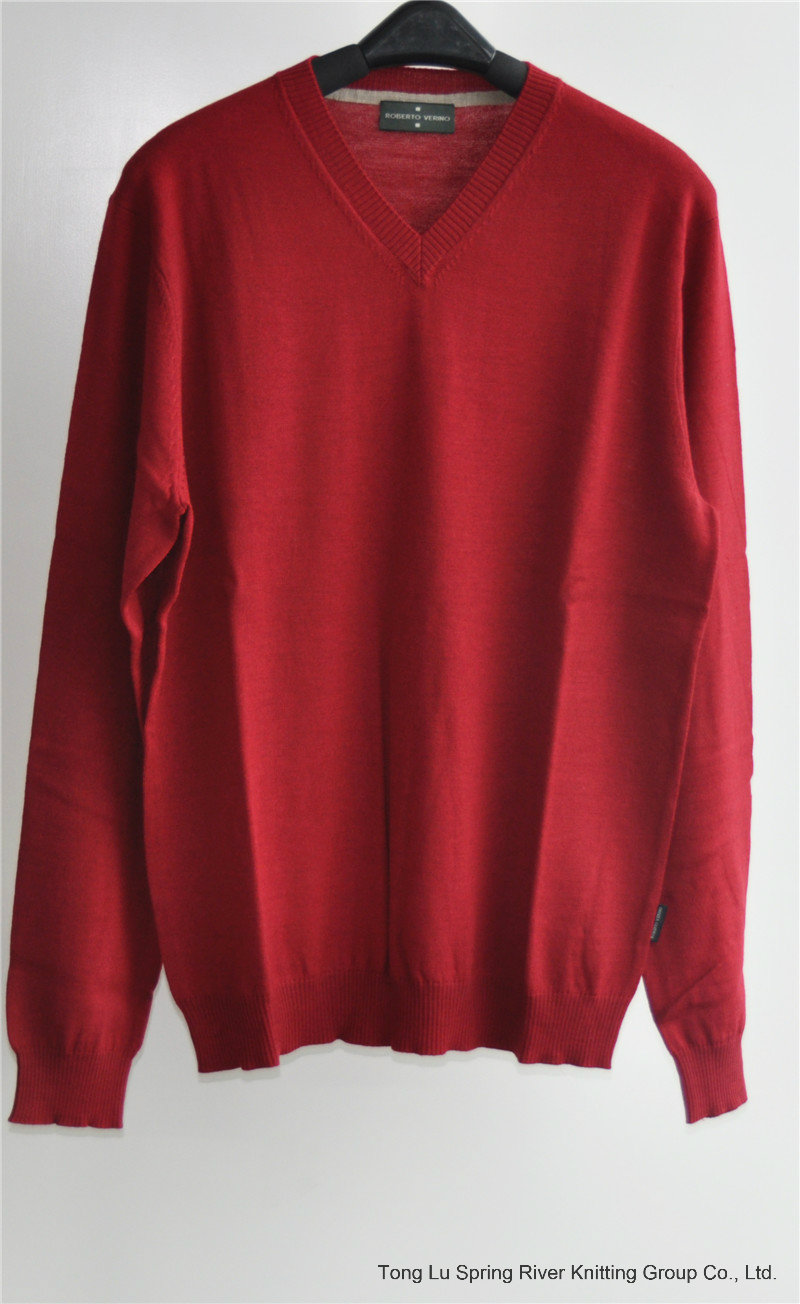 100% Wool Pure Colour V-Neck Kint Pullover Sweater for Man