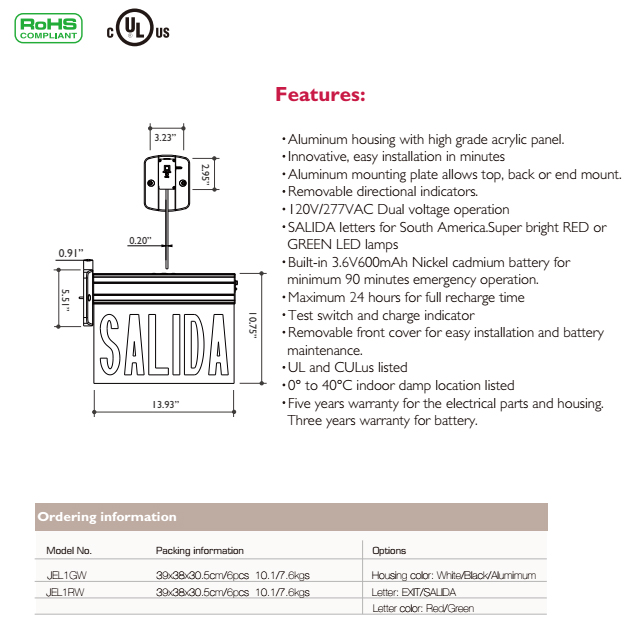 Exit Sign, LED Exit, New Salida Edge-Lit Emergency Exit Sign