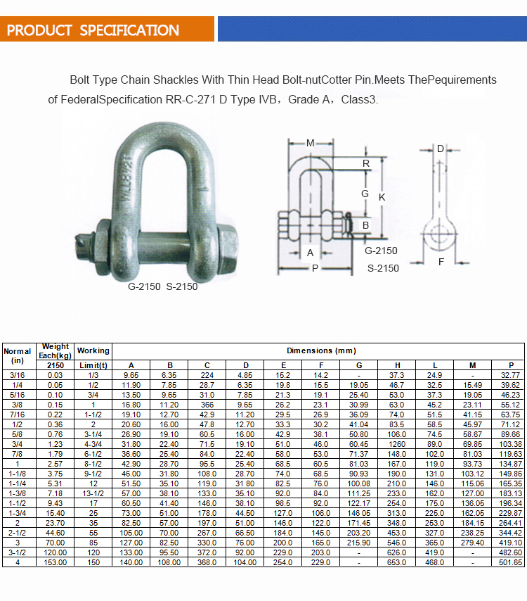 Us Type G2150 Bolts Type D Shackle