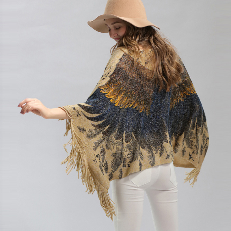 Womens Cardigan Wraps Winter Knitted Eagle Printing Shawls Sweater Poncho (SP619)