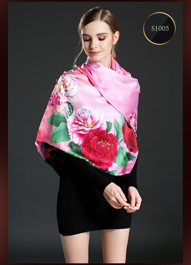 Pink Digital Printing Silk Scarf Shawl with Buttons