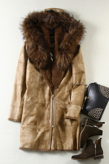 Real Rabbit Leather and Fur Coat with Raccoon Fur on Collar Women Long Style