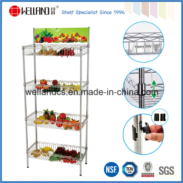 4 Tiers Vegetables Supermarket Display Basket Rack with Advertisement Holder