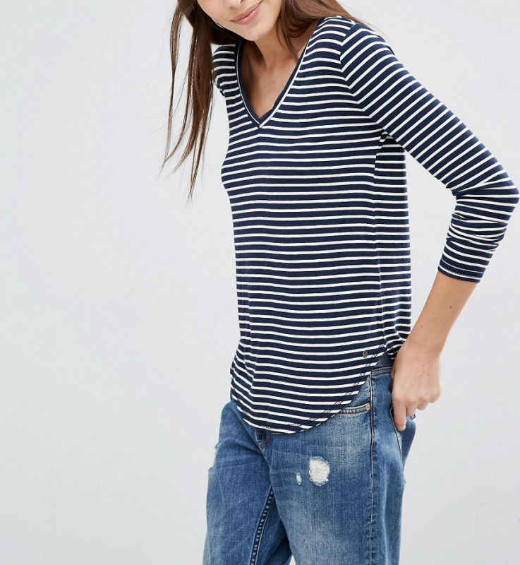 Fashion Custom Wholesale Supersoft Curve Hem Stripe Women Top