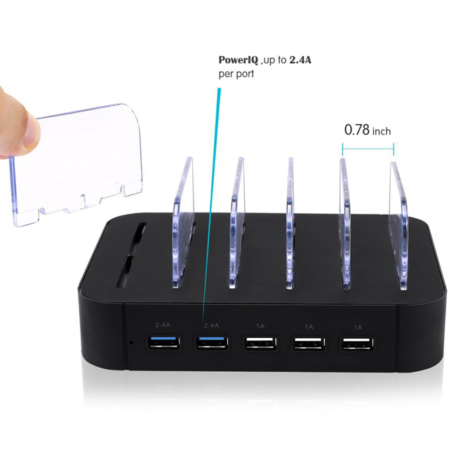 5 Slots Charging Station 5 USB Ports Charger for Tablet Mobile Phone