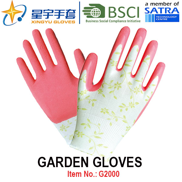 Garden Gloves, Printing Polyestershell Latex Coated Crinkle Finish Safety Work Gloves (G2000) with CE, En388, En420