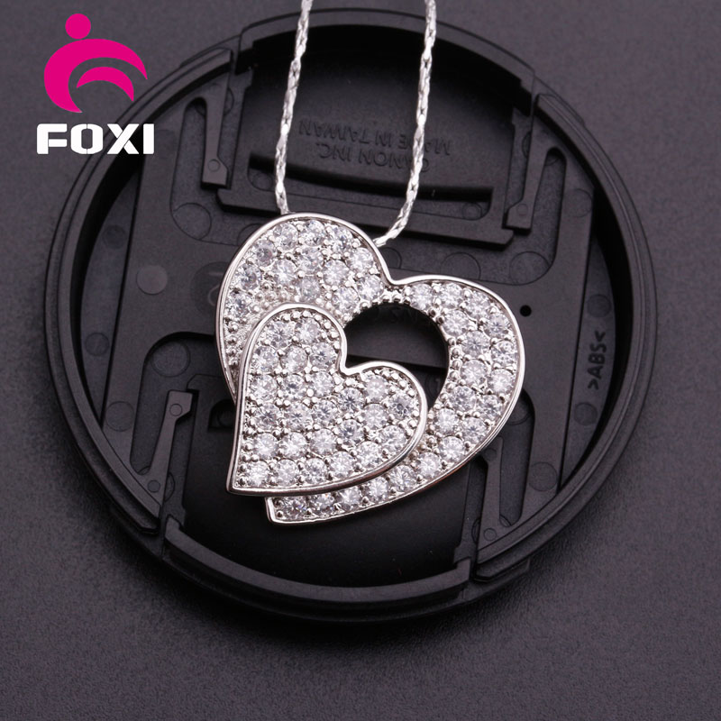 Double Heart Shape White Cubic Zirconia Silver Plated Pendant Necklace
