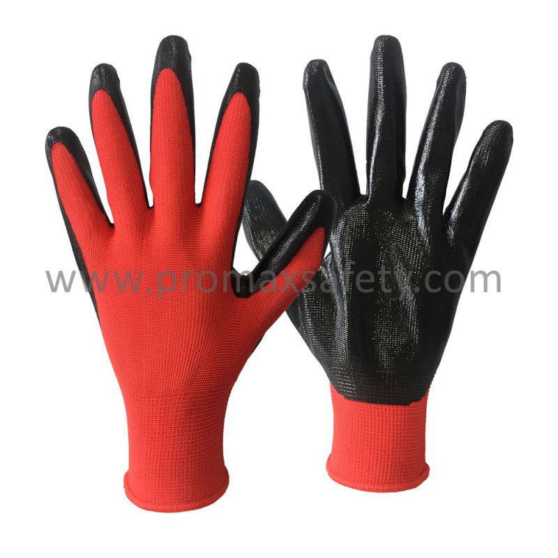 13G Red Polyester Knitted Glove with Black Nitrile Dipping