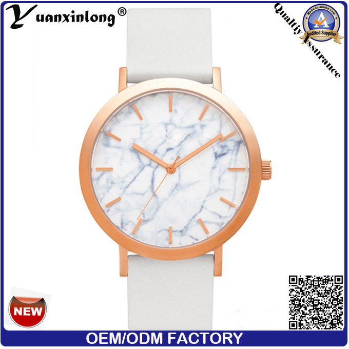 Yxl-686 Marble Stone Watch Face Stainless Steel Watch Case Black Genuine Leather Fashion Watch