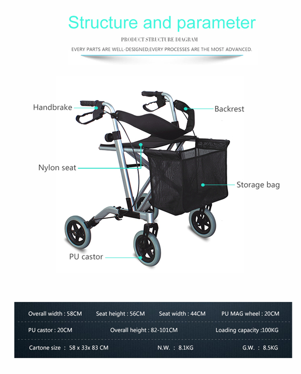 Topmedi High End Aluminum Foldable Walker Rollator with Hand Brake