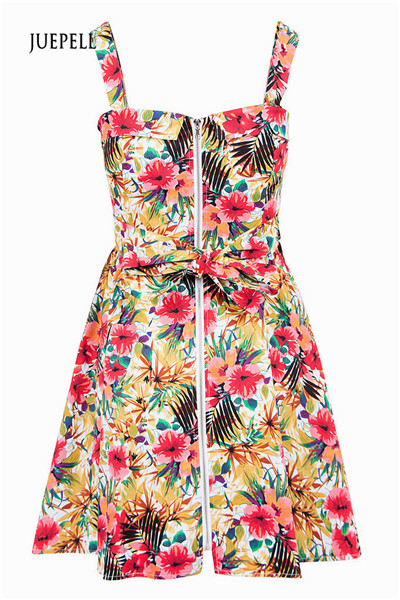 Zip Front Tropical Print Skater Women Dress