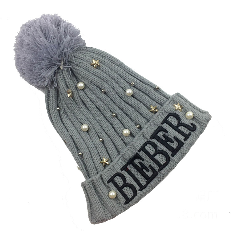 Womens Unisex Autumn Winter Warm Knitted Pearls Beads POM POM Caps Beanie Braided Hat (HW121)