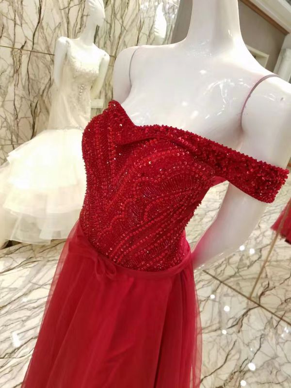 Red Beading Bodice Evening Dress for Wedding