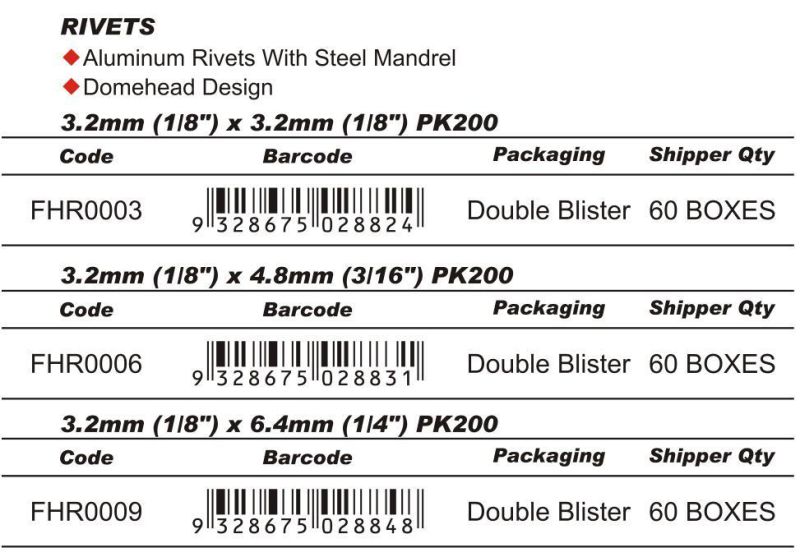 6.4mm Dome Head Aluminium Blind Rivets with Steel Mandrel