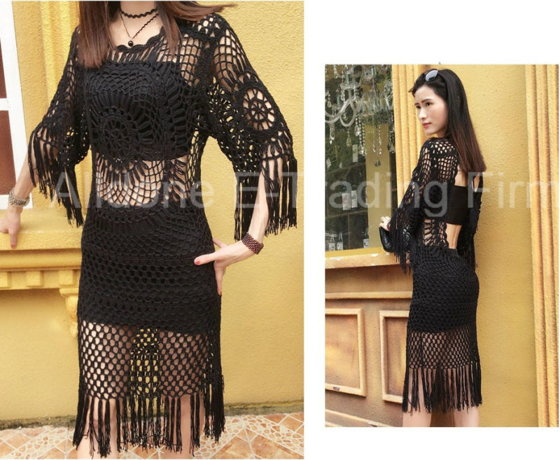 New Design Ladies Sexy Hand Crochet Short Sleeve Fringe Dress